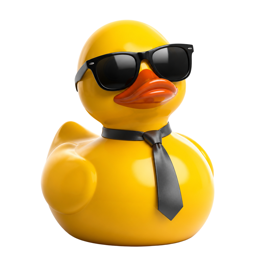 Silly mascot: a yellow duck in sunglasses and a tie